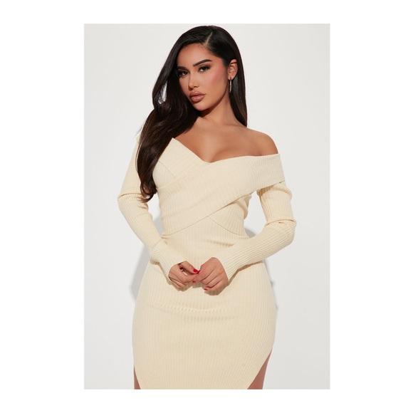 Cream off the shoulders long sleeve dress - Picture 2 of 8